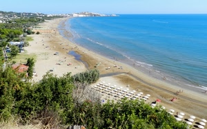 mare, spiaggia, ombrelloni, panorama, sabbia, alberi, acqua, verde, paesaggio, azzurro, bagnanti, costa, case