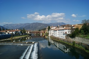 fiume, ponte, acqua, montagne, riflesso, nuvole, cielo, case, panorama, riflessi, alberi, paesaggio, cascata