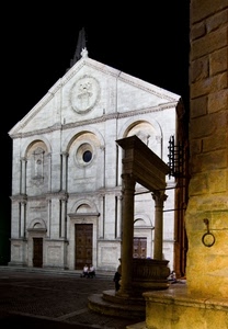 pozzo, chiesa, notte, piazza, facciata, anello, porte, colonne, portone, notturno