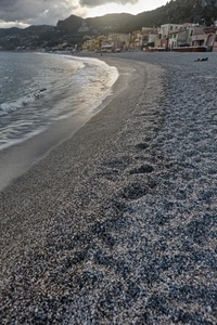 mare, spiaggia, onde, case, sabbia, sassi, paese, acqua, cielo, controluce