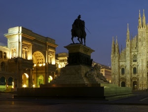 monumento, duomo, arco, milano, cavallo, statua, luci, piazza