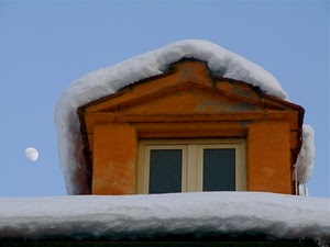 neve, luna, finestra, inverno, tetto, abbaino, arancione, bianco