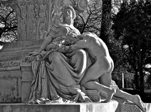 monumento, statue, donna, alberi, bianconero, uomo, nudo, marmo, statua, scultura