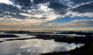 nuvole, cielo, riflessi, laguna, acqua, mare, azzurro, nero, campanile, riflesso, panorama, isole, tramonto, vegetazione
