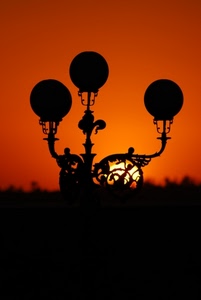 lampione, tramonto, sole, rosso, lampioni, nero, arancio, tre, silhouette, arancione, controluce