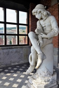 finestra, statua, marmo, bianco, quadrati, libro, vetro, case, ragazzo, scultura, cappello, pavimento, mattoni, museo, affaccio, seduto