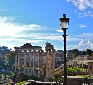 nuvole, lampione, colonne, cielo, ruderi, roma, rovine, verde, alberi, archeologia, rudere, azzurro, tempio, chiesa, antichità