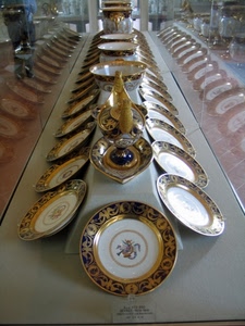 piatti, vetrina, oro, porcellana, blu, esposizione, museo, prospettiva, ceramica