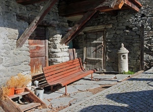 panchina, pietre, porte, travi, casa, legno, vasi, porta, tettoia