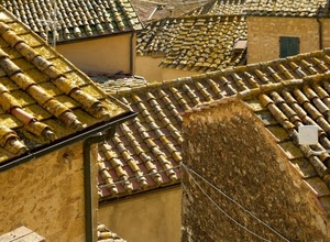 tetti, tegole, case, finestra, grondaie, fili, coppi, antenne, cavi, antenna, muro, marrone, muri, borgo