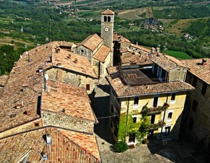 tetti, campanile, verde, chiesa, borgo, case, orologio, piazza, tegole, paese, panorama, finestre, comignoli, balconi, alberi, piante, fiori, scorcio, colline, edera, campagna