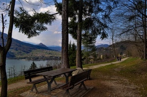 tavolo, lago, alberi, sentiero, panchine, verde, persone, acqua, cielo, montagne, panchina, strada, nuvole, legno, paesaggio, erba, tronchi, azzurro, monti, rami