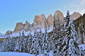 neve, alberi, cielo, montagne, inverno, abeti, cime, montagna, bianco, bosco, dolomiti, pini, verde, rocce, azzurro, vette